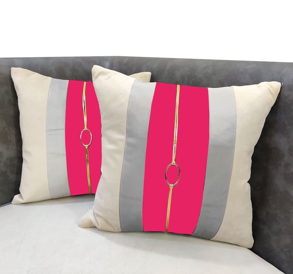 Pink Beige Gold Leather Buckle Velvet 2 Cushion Covers and 1 Table Runner Combo Luxury Modern Pillow Cover Pillow for Sofa Living Room Bedroom |16X16 Inch Cushion Cover I 12 X 59 Inch Table Runner view 2