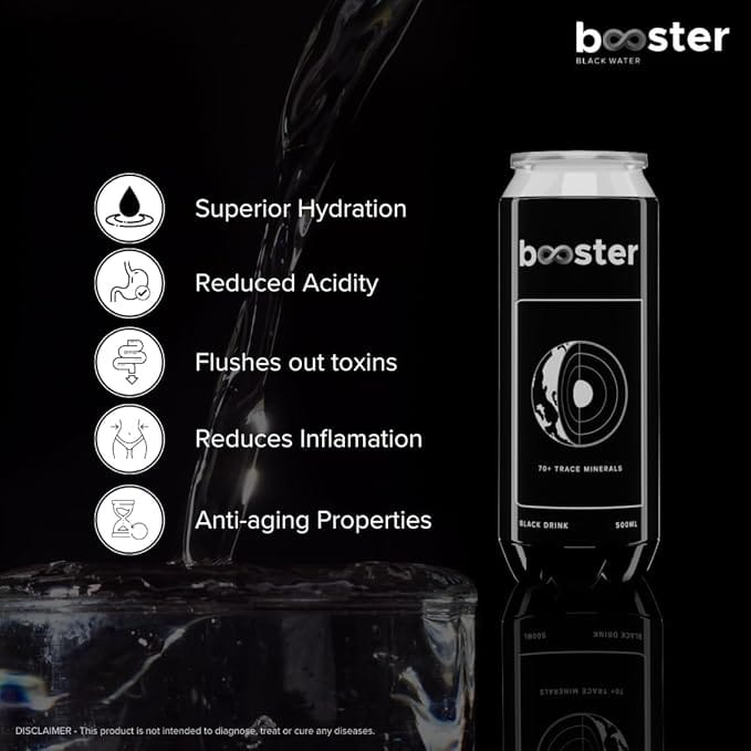 Booster Black Alkaline Drink 500 ml (Pack of 24) - High pH Premium Alkaline Water with Fulvic Minerals for Superior Hydration & Detoxification view 2