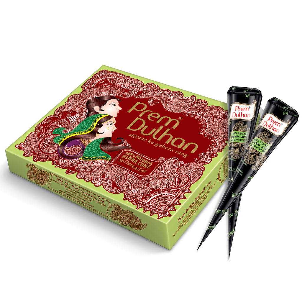 Prem Dulhan Natural Henna Mehandi Cones 12 Pcs, Brown Mehendi Cones, for Bridal and Festivals, Easy Application, Green box
