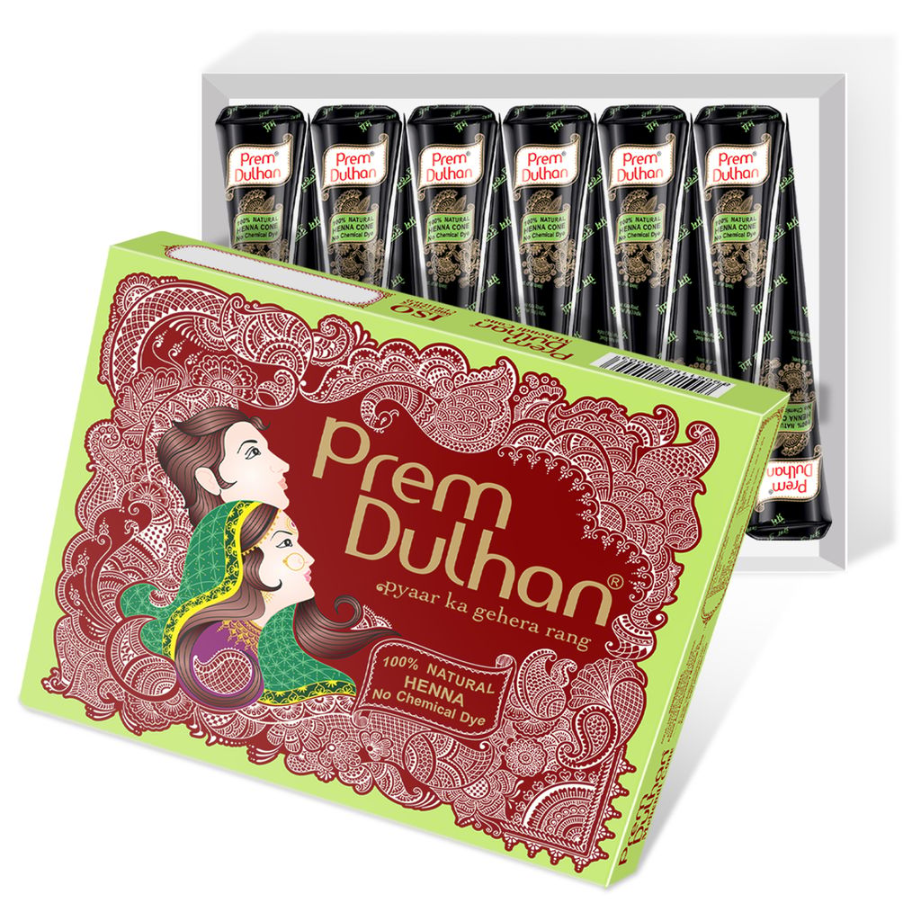 Prem Dulhan Natural Henna Mehandi Cones 12 Pcs, Brown Mehendi Cones, for Bridal and Festivals, Easy Application, Green box view 2