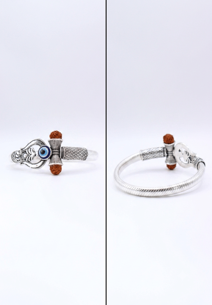 Silver-Finish Mahadev Trishul Damru Rudraksha Evil Eye Kada Bangle view 2