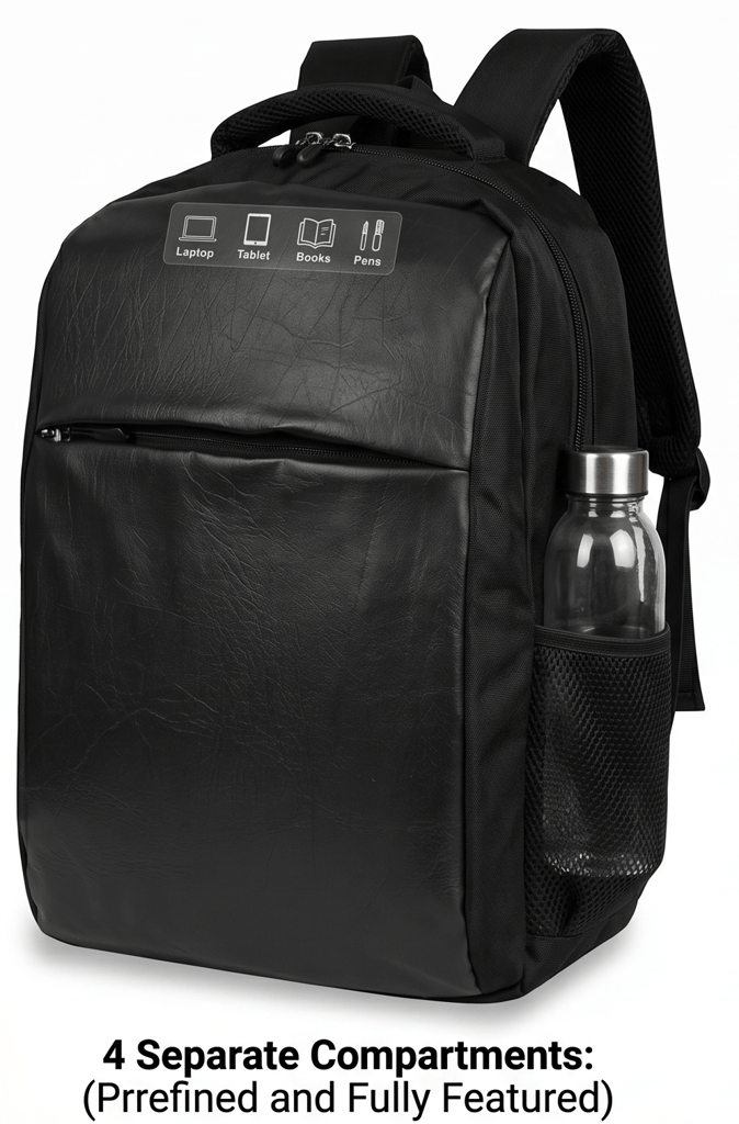 Premium 15.6-Inch Laptop Backpack for Men & Women | Sleek Faux Leather Front, 4 Spacious Compartments, External Water Bottle Pocket | Ergonomic "Jalidar" Breathable Mesh Back Panel for Airflow – Perfect for Office, College & Travel (Black) view 2