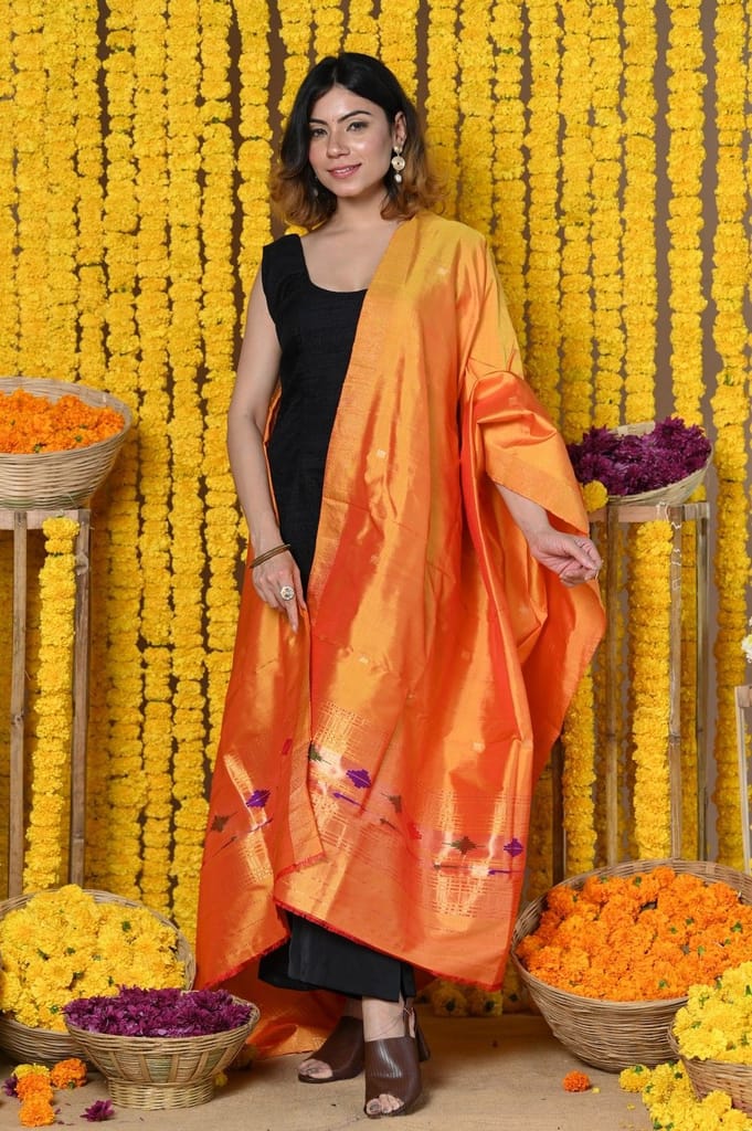Rajsi~Handloom Pure Silk Paithani Dupatta With Beautiful Zari Work and Handwoven Buttis~orange view 2