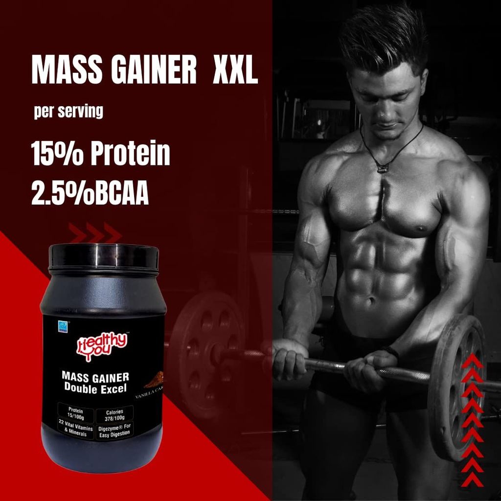 Healthy You Mass Gainer Double Excel | 13.5g Protein, 2.1g BCAA per 90g scoop| Improved Endurance and Muscle Recovery| Supports Weight Gain| Easy to Digest view 2