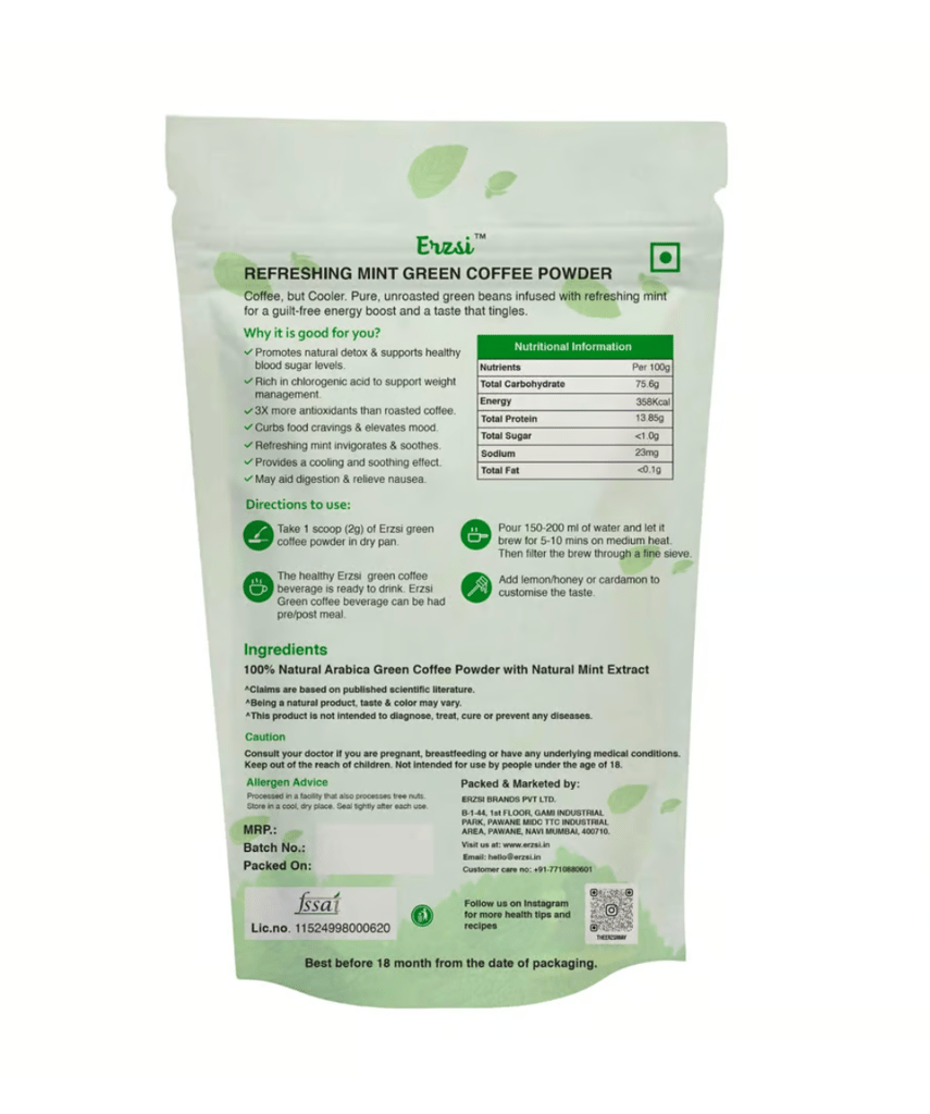 ERZSI Green Coffee Powder Combo Pack - Tulsi & Mint Flavored | Pure Unroasted Arabica Beans for Weight Loss & Detox | High Chlorogenic Acid | Weight Loss Supplement | 200G Each view 2
