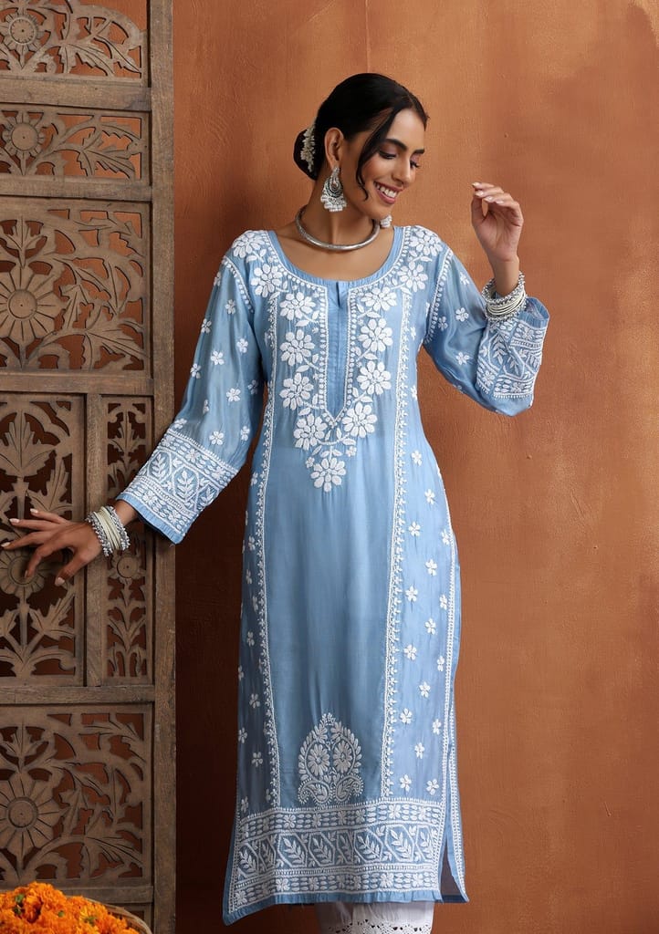Chanderi Chikankari Solid Women's Long Kurta - Blue view 2