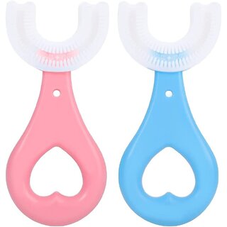 (Pack of 2) Toothbrush for Kids with U Shaped Silicone Brush Head for 360 Degree Cleaning Suitable For 2-6 Years, Manual, Heart Design, Multicolor