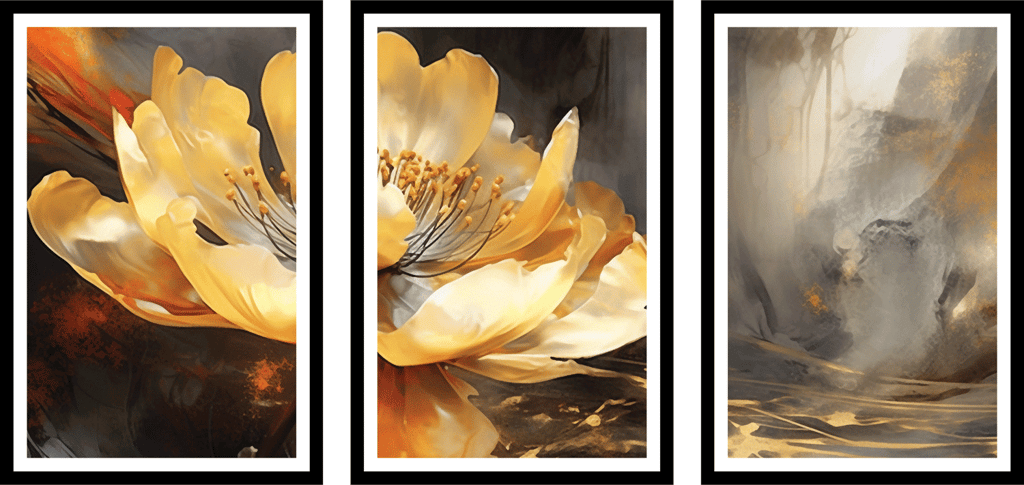 SET OF 3 YELLOW FLOWER PAINTING 48in X 24in WITH BLACK FRAME view 2