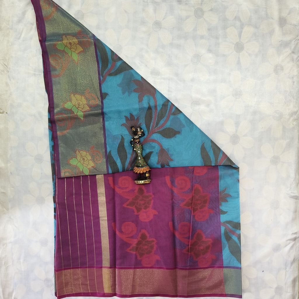 Poochampally Cotton Saree With Blouse - Sky Blue view 2
