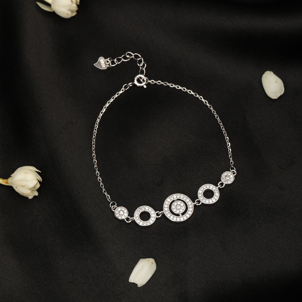 925 Sterling Silver Circle Charm Bracelet with Cubic Zirconia | Adjustable Chain Bracelet for Women | Weight - 7.5 gram view 2
