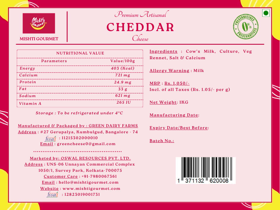 Mishti Gourmet Cheddar Cheese 1kg view 2
