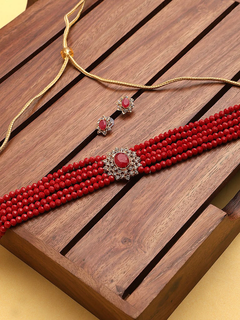 Cardinal Maroon Color American Diamond Multistring Choker Necklace Set view 2