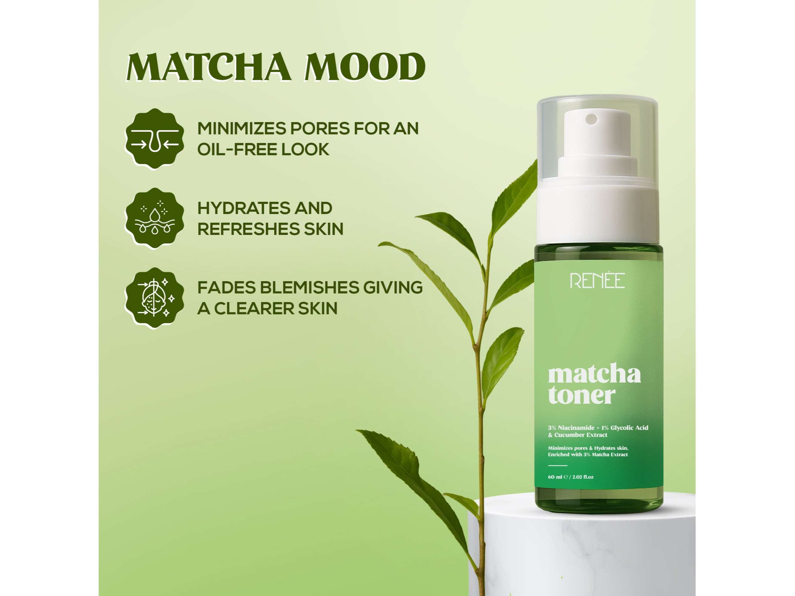 RENEE Matcha Refreshing Face Toner For Bright, Hydrated Skin - 60 ml view 2
