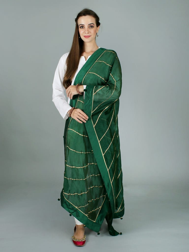 Green-Jacket Gota Dupatta from Amritsar with Patch Border and Pom-Poms view 2