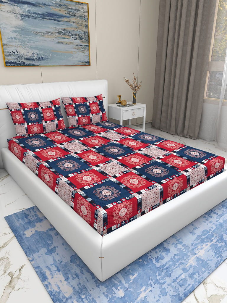 Quirky Home Fantasy Collection Premium Cotton Blend 180 TC Fitted Double Wrinklefree Bedsheet with 2 Pillow Covers, Red Blue Square view 2