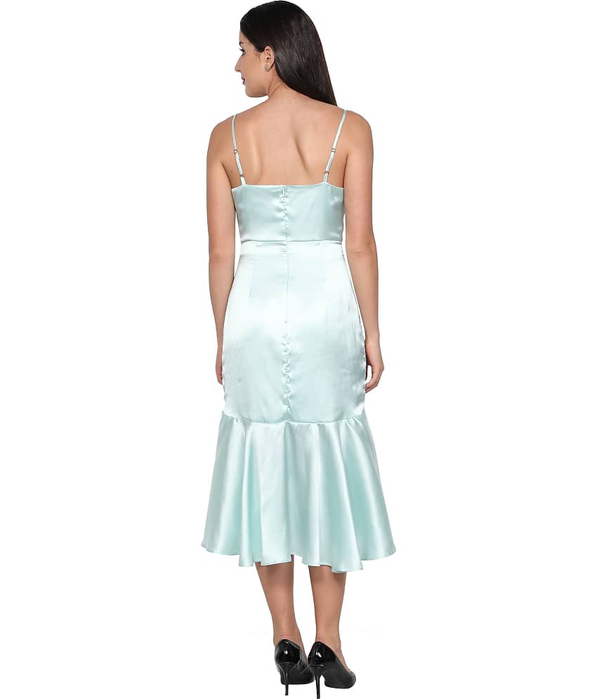 NUEVOSDAMAS Women Satin Solid Asymmetric Dress ( Green ) view 2