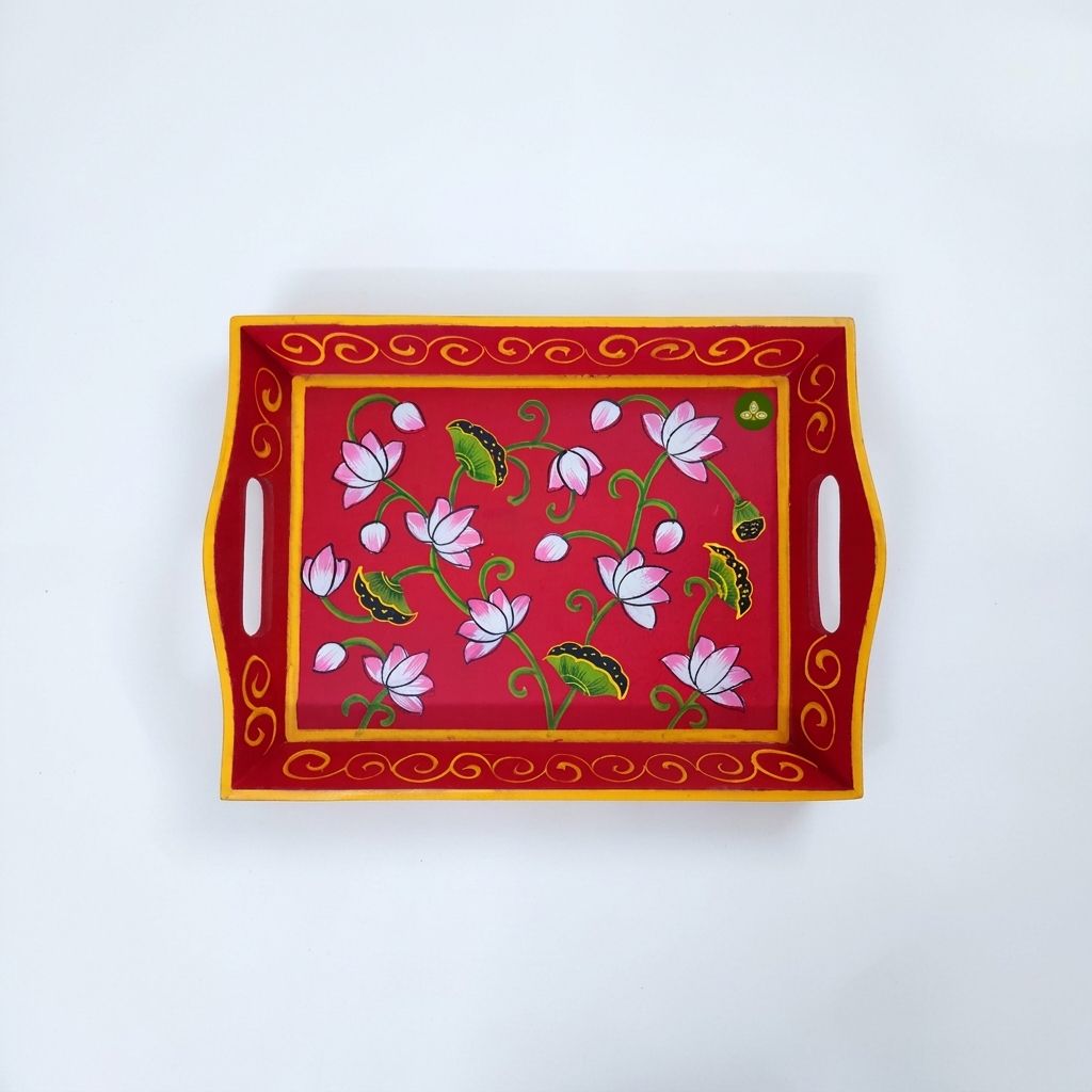 Hand painted pichwai art wooden red color tray view 2