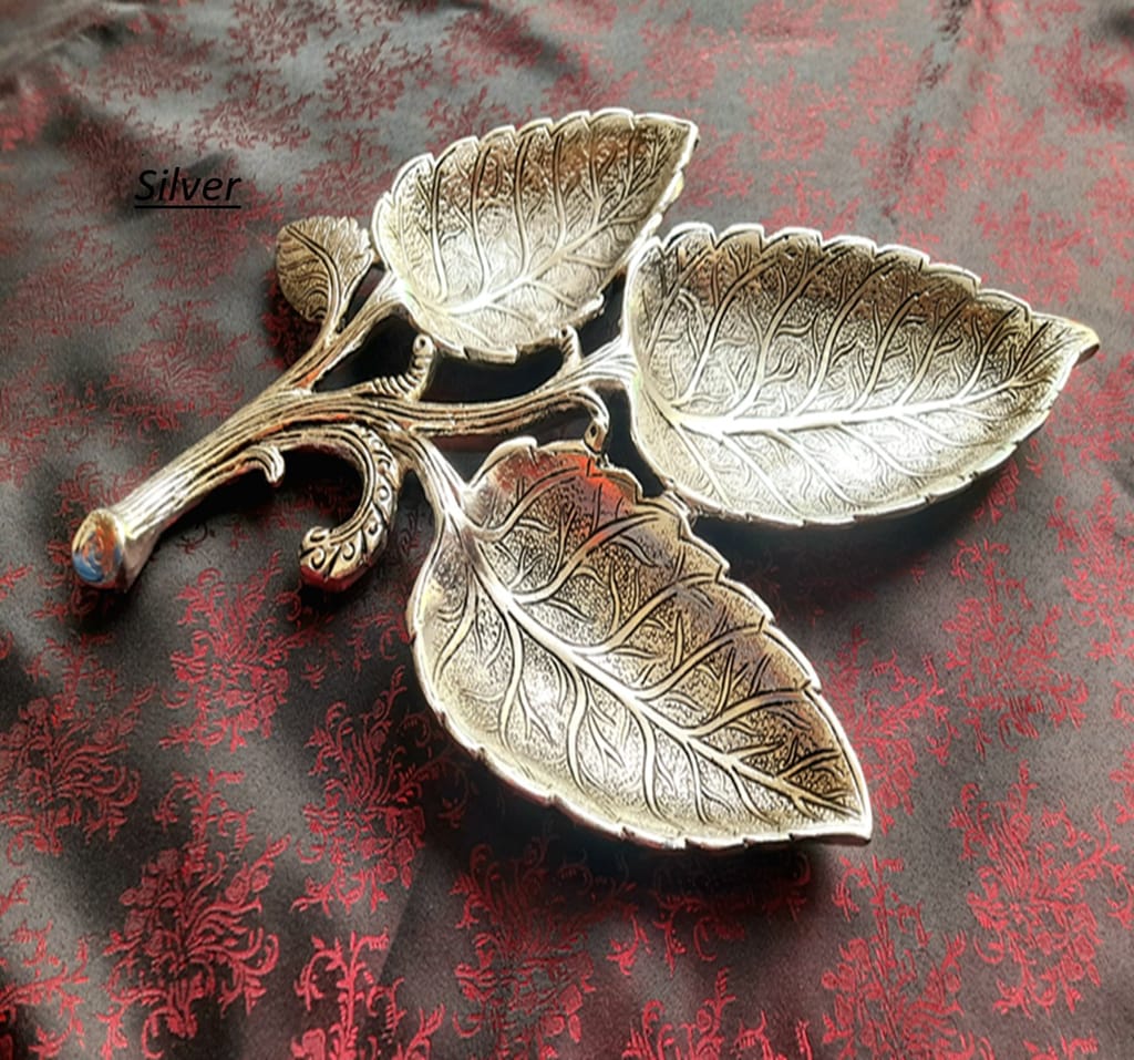 Hand Crafted Metal 3 Part Leaf Shape Tray Perfect for Home Centre Table Serving Dry Fruits platter-11 Inch (Silver) view 2
