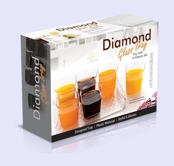 HAPPI Unbreakable Water and Juice Drinking Glass Set with Serving Tray Sharbat/Beer/Wine Glass Plastic PET Transparent Stylish Set, 6 Pieces 250 Ml Glass with Tray for Kitchen view 2