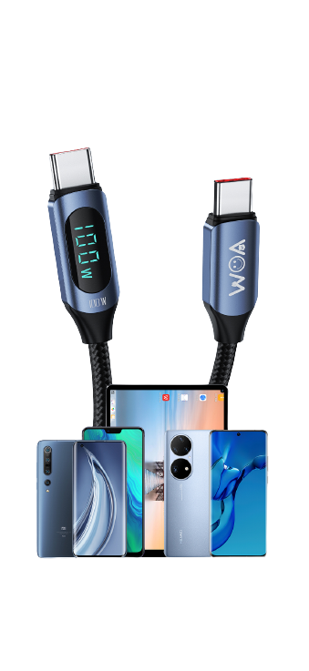 Walk On Air Fast Charging Type C LED Display cable |USB C to USB C |5A PD 100W 480Mbps Data Sync Nylon Braided Cable 1M length (blue Color) for Mobile Phones, Laptops, Tablets, and More
