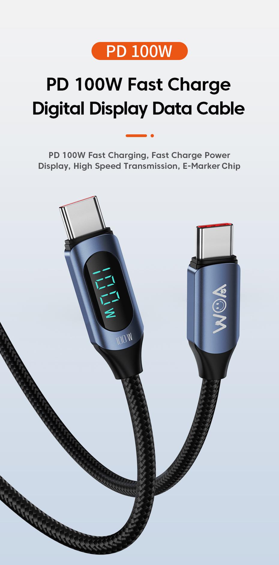 Walk On Air Fast Charging Type C LED Display cable |USB C to USB C |5A PD 100W 480Mbps Data Sync Nylon Braided Cable 1M length (blue Color) for Mobile Phones, Laptops, Tablets, and More view 2