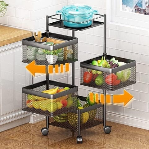 4 Layer Rotating Kitchen Storage Shelf with Wheels - Black Metal Organizer view 2