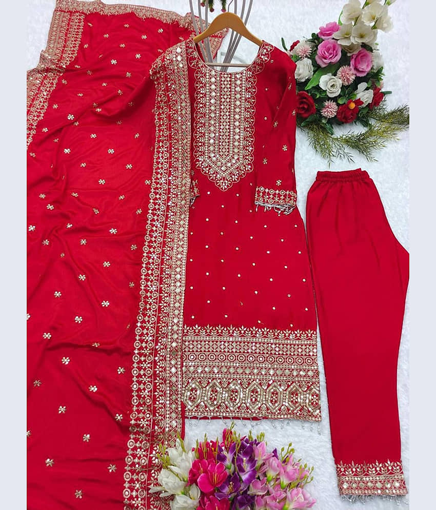 BHAGYASHRAY Women Silk Blend Embroidered Straight Kurti With Palazzo ( Pink ) view 2