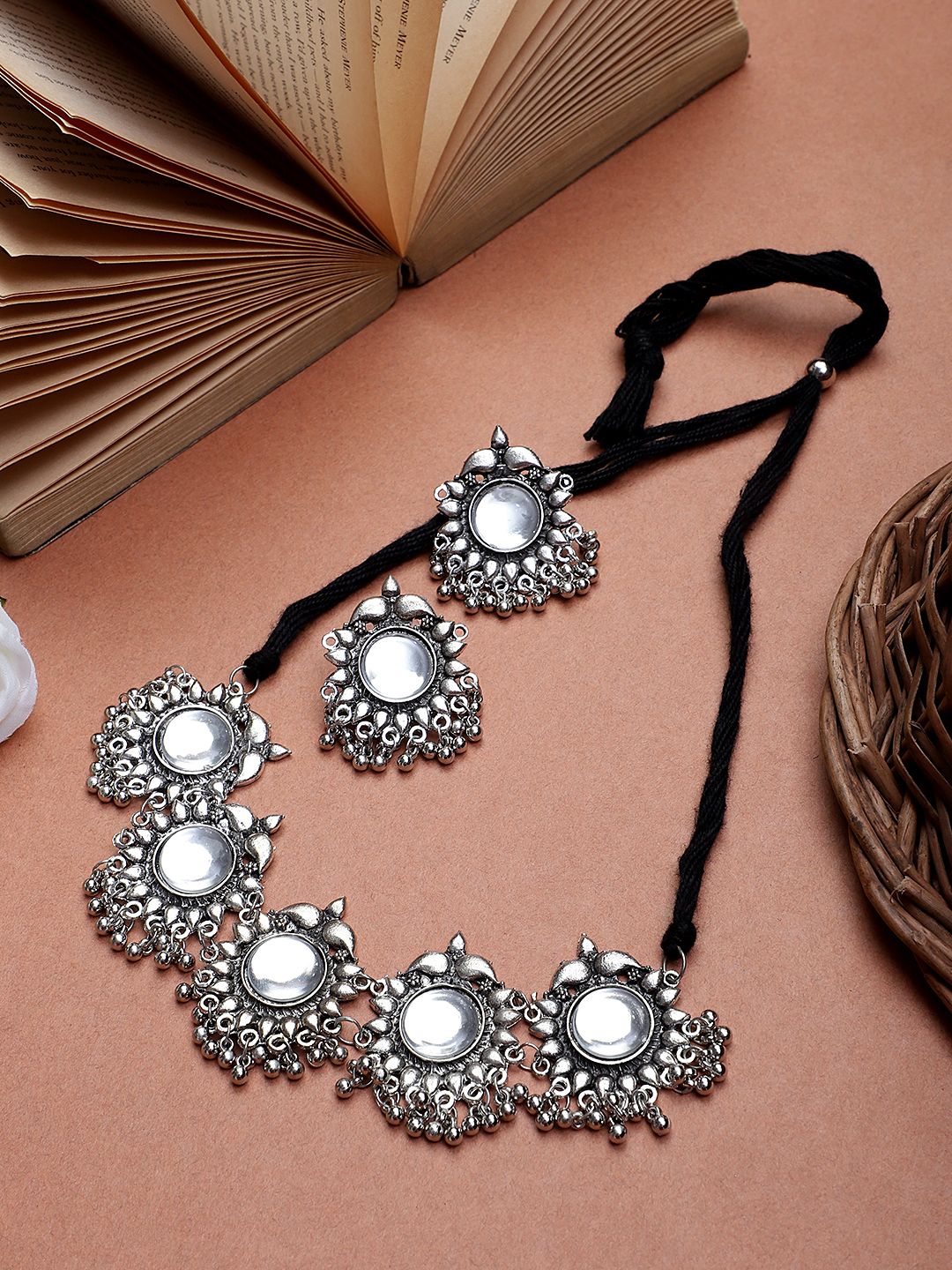 Cardinal White Stone Floral Silver Oxidized Choker Necklace Set view 2