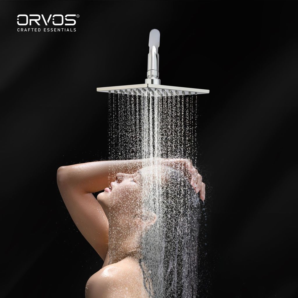 Orvos Overhead Shower, Elegant square design, with touch clean nozzles, Hiqh quality Stainless Steel, with salt tested chrome plating, 6x6 inches, for high end luxury bathrooms
