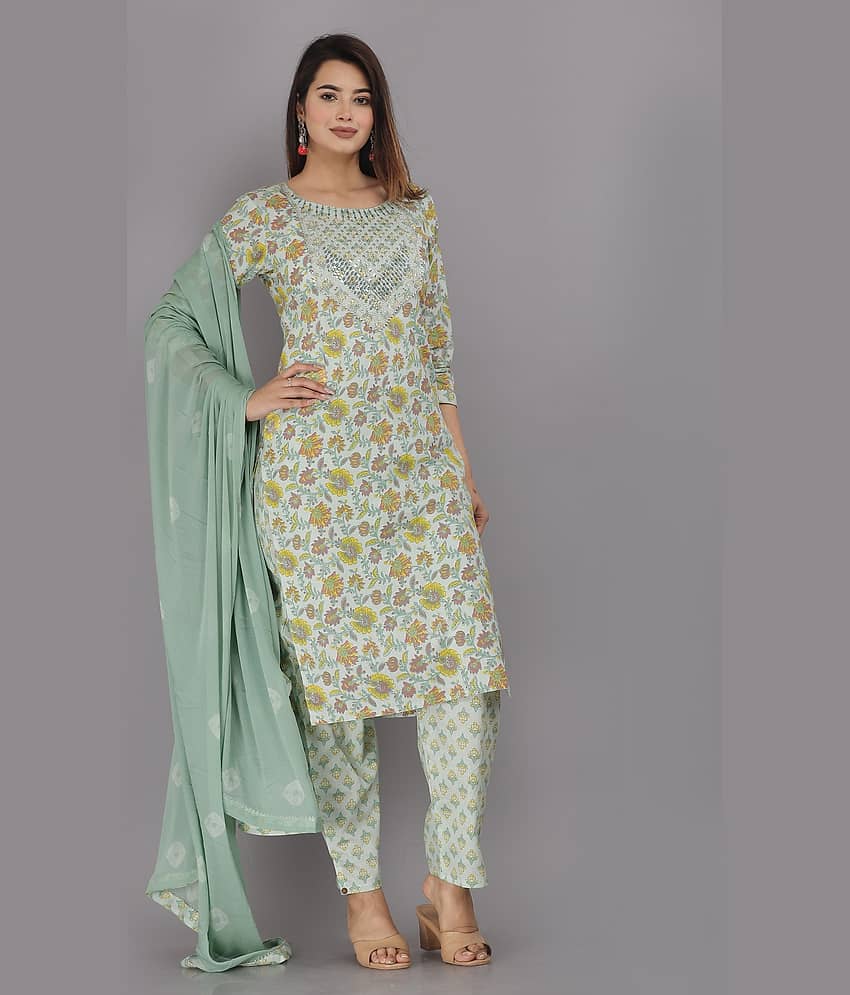 JC4U - Green Straight Cotton Women's Stitched Salwar Suit ( Pack of 1 ) view 2