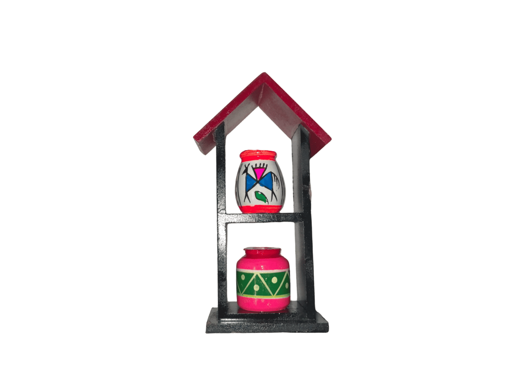 2 Tiered House Shaped Shelf with 2 Hand Painted Vases view 2