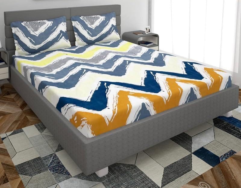 Yellow Blue Chevron Pattern Cotton Bedsheet with 2 Pillow Covers view 2