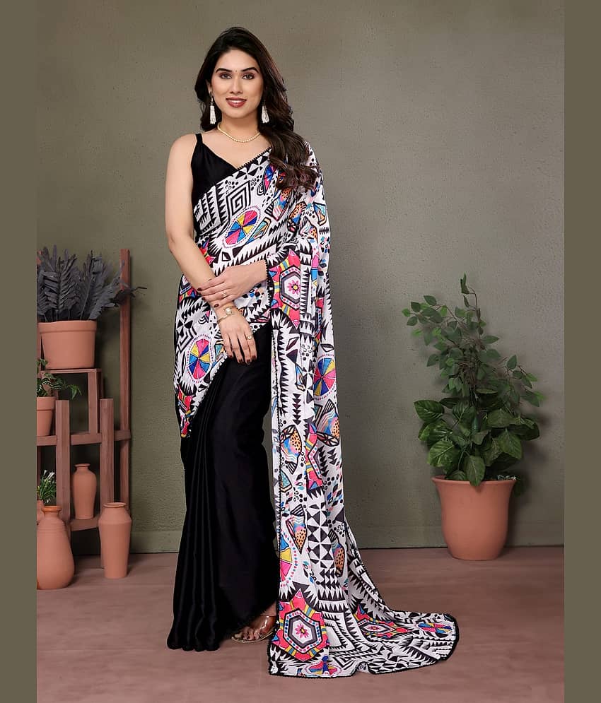 SARIK Satin Printed Saree With Unstitched Blouse Piece ( Multicolor ) view 2