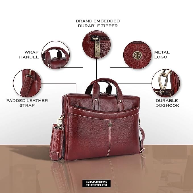 Genuine Leather Briefcase for Men with 8 Compartments, Laptop Slot, and Phone Pocket view 2