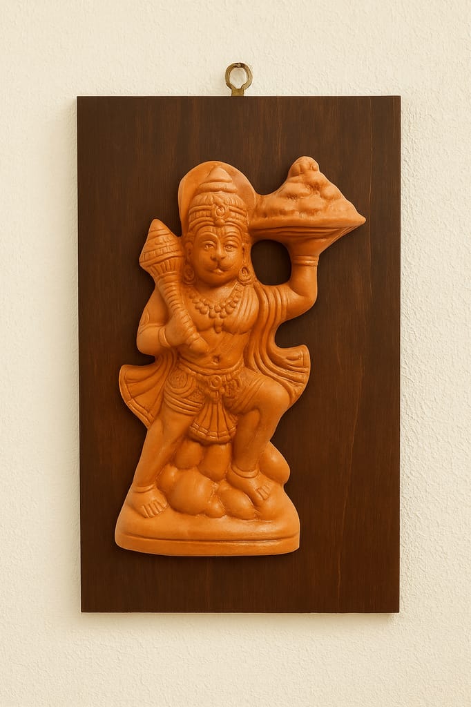 Terracotta Lord Hanuman Idol with Sanjeevani Mountain & Gada - Divine Home Decor