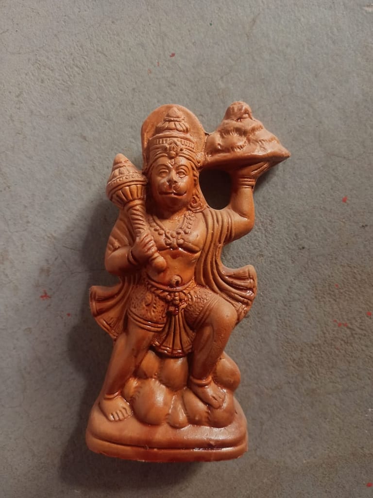 Terracotta Lord Hanuman Idol with Sanjeevani Mountain & Gada - Divine Home Decor view 2