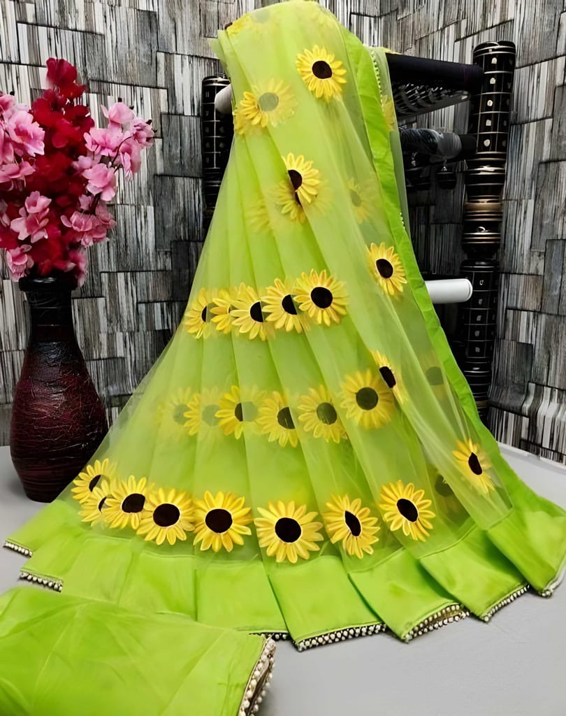 Women's Lime Green Sunflower Ruffle Saree with Matching Blouse Piece | Designer Organza Party Wear Saree | Floral Ethnic Wear view 2
