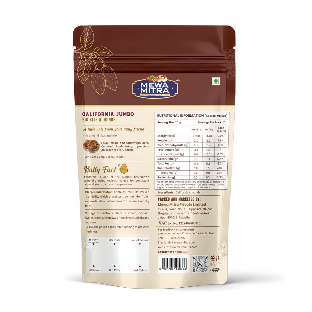 Mewa Mitra California Jumbo Almonds 250g | Premium Jumbo Badam | High Protein Natural Dry Fruits | Rich in Vitamin E & Healthy Fats view 2
