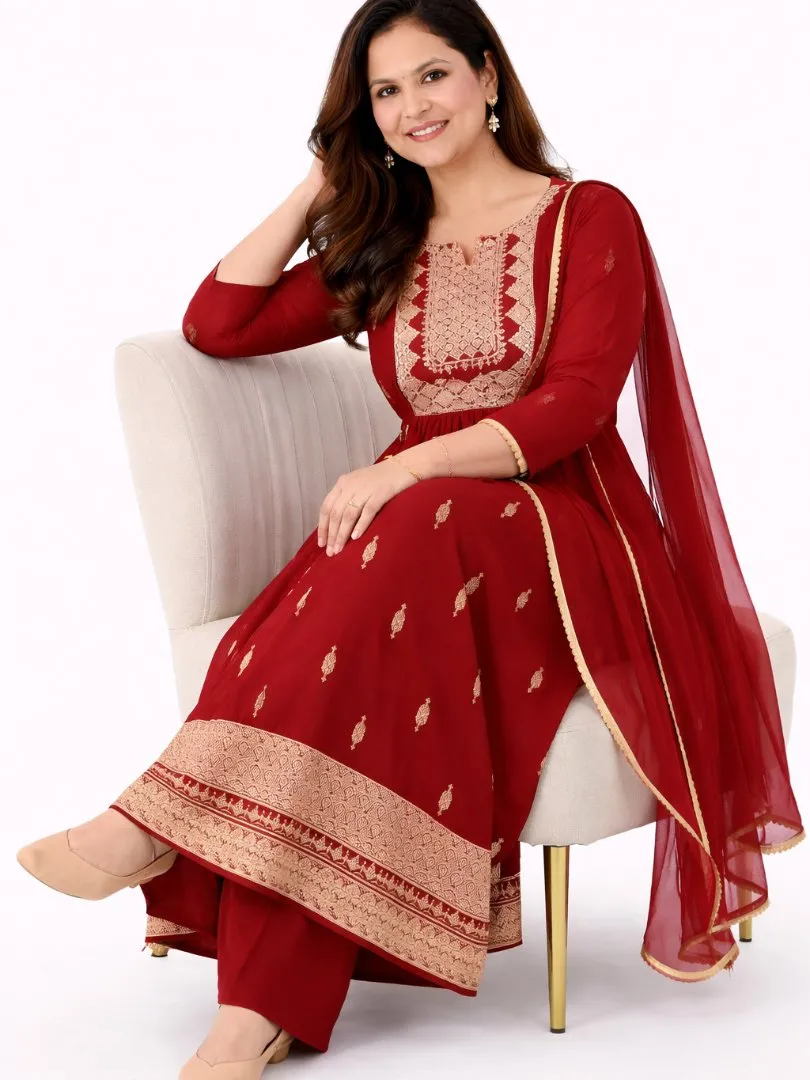 UneR Women's Embroidered Kurta Pant Dupatta Set | 3 Piece Ethnic Suit Set | Anarkali Style | Festive & Party Wear view 2