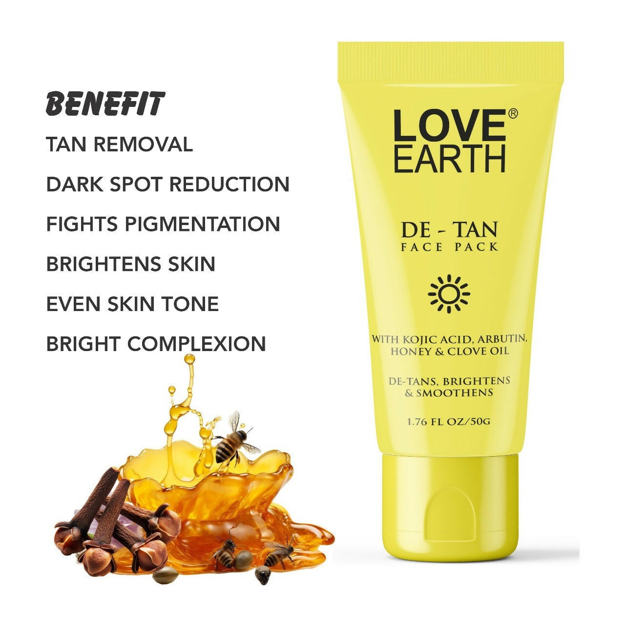 Love Earth De-Tan Face Pack for Instant Tan Removal Brightens & Smoothens All Skin Type 50g view 2