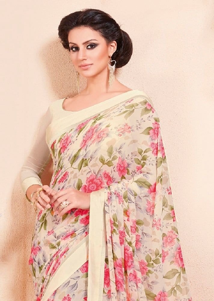 Digital Printed Georgette Saree in Cream view 2