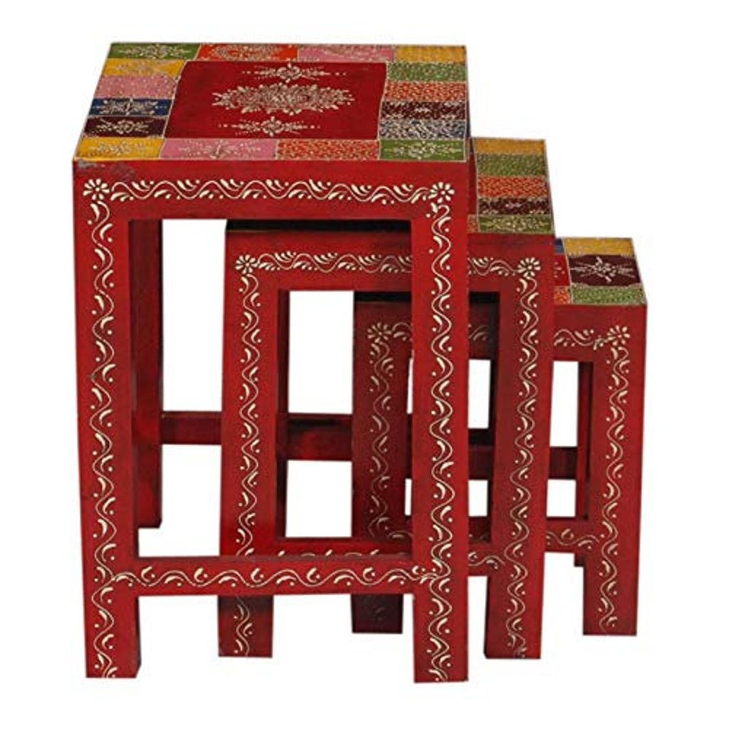 Wood To Cart® Wood Painted Nested Table/Nesting Stool Set of 3/Wooden Nesting Stool/Nested Stool Set ( Multicolor) view 2
