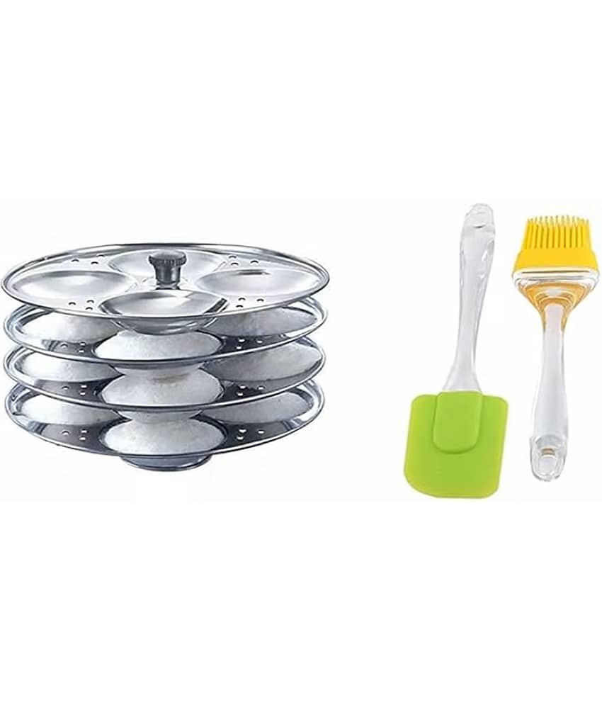 Stainless Steel Non Stick Idli Maker 4 Plate Idli Stand + Oil Brush + Spatula