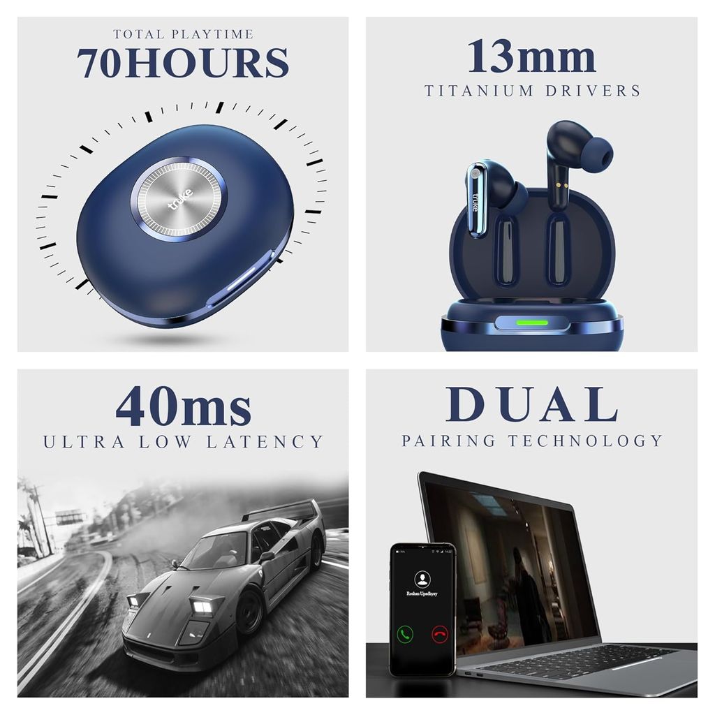 truke New Launch Mega 10 True Wireless in Ear Earbuds W/ 24-Bit Lossless Spatial Audio, 70H Battery Fast Charge Buds (Royal Blue) view 2