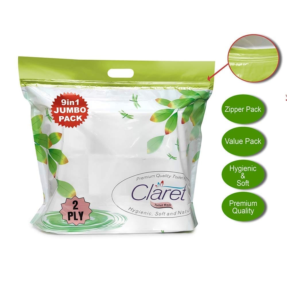 Claret Premium 2-Ply Toilet Paper – 9 In 1 Jumbo Pack, Highly Absorbent, Soft & Hygienic, Virgin Paper, Flushable view 2