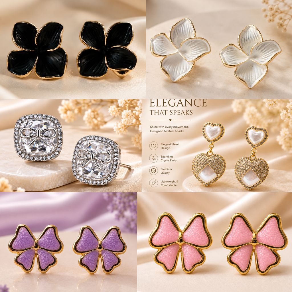 Elegantra 18k Gold Plated 6 Pairs Combo Earring Set for Women & Girls | Anti Tarnish Waterproof Stainless Steel Minimalist Flower Studs, Heart Dangle & American Diamond Bow Tops | Aesthetic Fashion Jewellery for Girls view 2