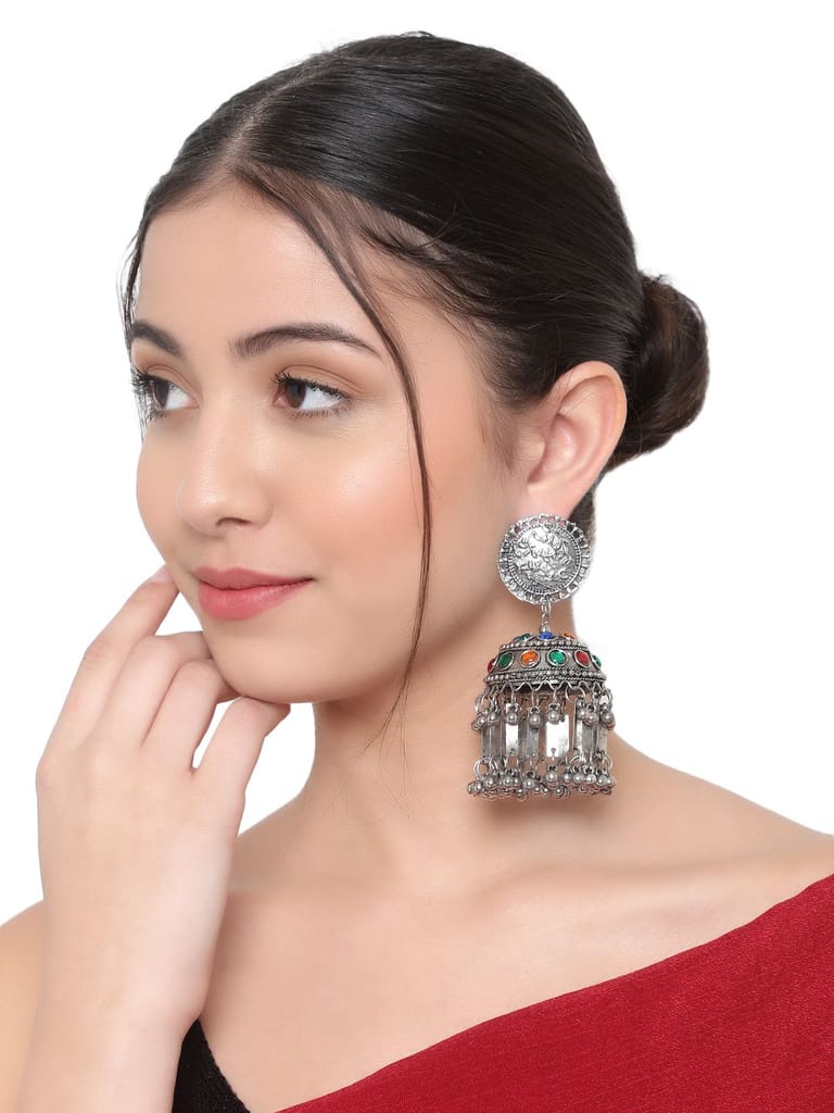 Cardinal Oxidized Silver Color Jhumka Earrings view 2