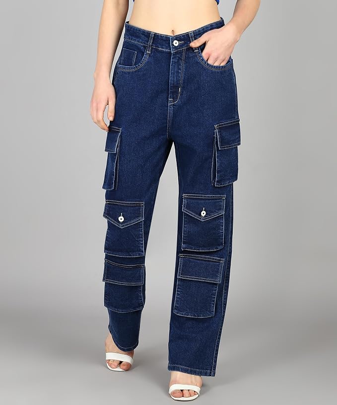 Glossia Fashion Women Cargo Jeans | High Waist Stretchable Loose Straight Fit Denim| Boyfriend Jeans for Women - Dark Blue, 32 view 2