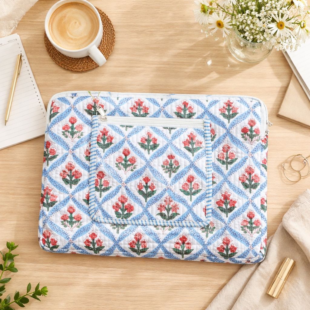 Mughal Meadow Block Print Quilted Cotton Laptop Sleeve With Front Pocket Blue 10"X15"