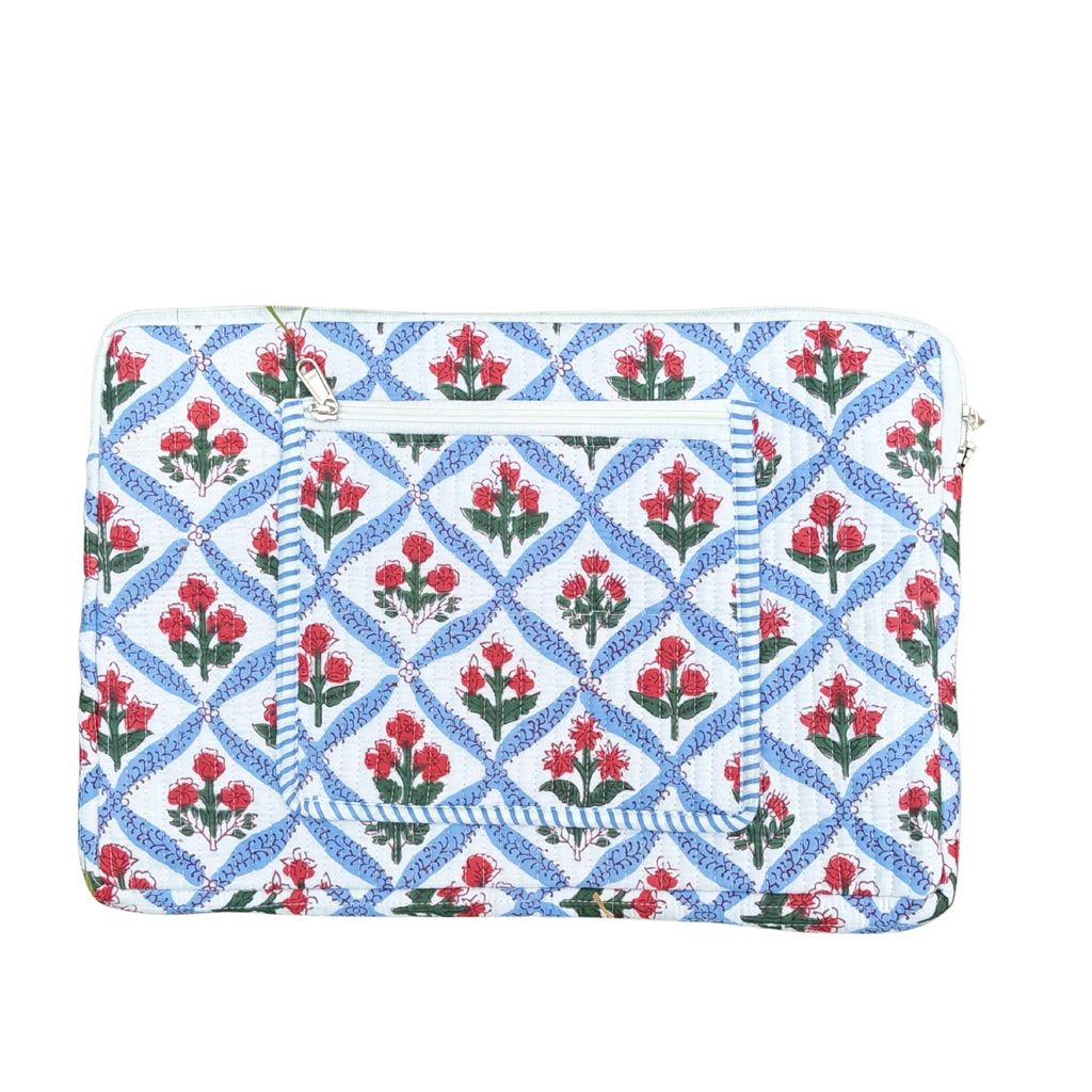 Mughal Meadow Block Print Quilted Cotton Laptop Sleeve With Front Pocket Blue 10"X15" view 2